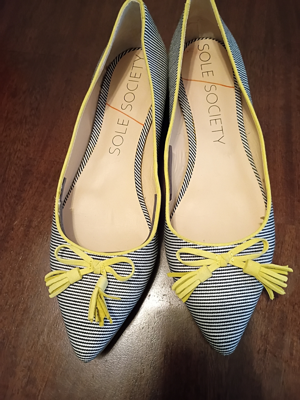 Sole Society Striped Pointed-Toe Flats with Yellow Trim Size 9B